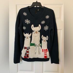 Blue and White Festive Holiday Llama Design Crew Neck Long‎ Sleeve Sweater XL